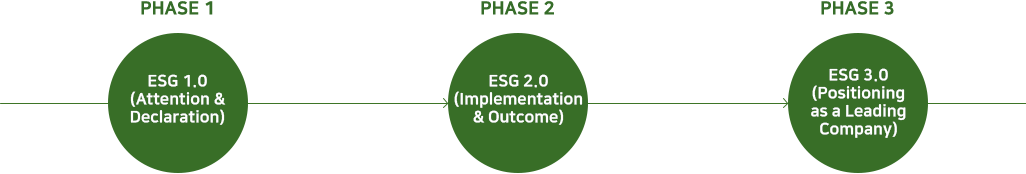 PHASE 1: ESG 1.0 (Attention & Declaration) -> PHASE 2: ESG 2.0 (Implementation & Outcome) -> PHASE 3: ESG 3.0 (Positioning as a Leading Company)
