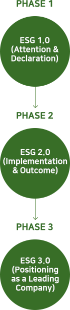 PHASE 1: ESG 1.0 (Attention & Declaration) -> PHASE 2: ESG 2.0 (Implementation & Outcome) -> PHASE 3: ESG 3.0 (Positioning as a Leading Company)
